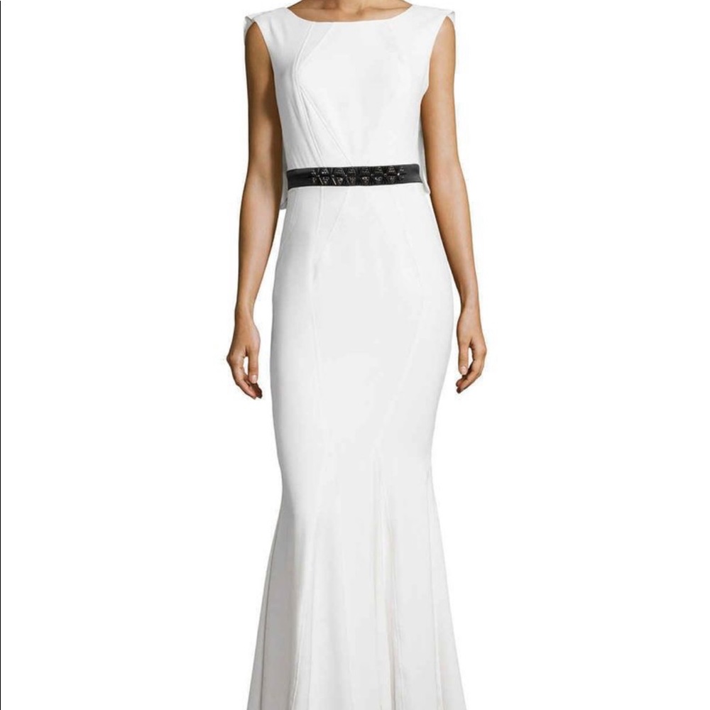 Zac Posen white gown with black beaded belt